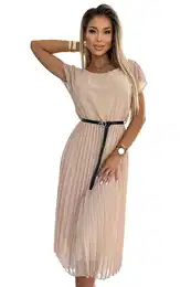 Women's pleated midi dress with black belt
