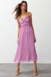 Fuchsia Floral Print A-Cut Ruffle Detailed Lined Chiffon Maxi Woven Dress