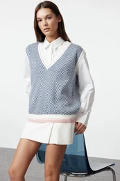 Petrol V-Neck Geometric Patterned Knitwear Sweater