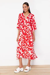 Red Floral Patterned A-Line Double Breasted Midi Woven Dress DWOSS24EL00913