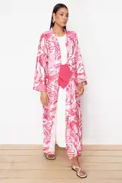 Fuchsia Tropical Patterned Long Woven Kimono & Kaftan