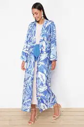Blue Tropical Patterned Long Woven Kimono & Kaftan