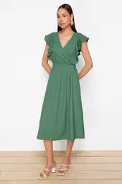 Green Wrap/Textured Skater/Waisted Double Breasted Closure Flexible Knitted Midi Dress