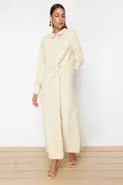 Beige Front Knot and Zipper Detailed Woven Dress