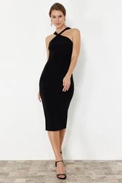 Black Collar Detailed Knitted Elegant Evening Dress