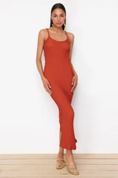 Cinnamon Textured Plain Bodycone/Fit Strap Maxi Stretchy Knitted Pencil Dress