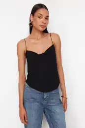 Black Spaghetti Strap Collar Neck Stretchy Knitted Blouse