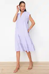 Lilac Wide Cut V-Neck Skirt Asymmetric Flounce Aerobin Woven Dress