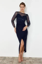 Navy Blue Knitted Tulle Elegant Evening Dress