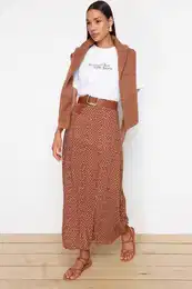 Brown Polka Dot Patterned Bell Woven Skirt