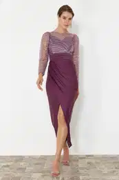 Lilac Sequin Knitted Tulle Long Elegant Evening Dress