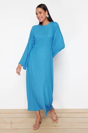 Blue Spanish Sleeve Crepe/Textured Knit Dress
