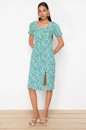 Pistachio Green Printed Textured Gathered Square Neck Back Tie Detail Flexible Knitted Dress