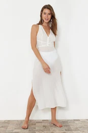 Ecru Midi Woven Backless Beach Dress