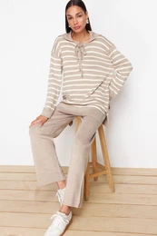 Mink Striped Collar Tie Detailed Sweater-Pants Knitwear Bottom-Top Set