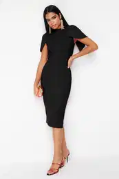 Black Sleeve Detailed Woven Elegant Evening Dress