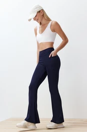 Navy Blue Scuba/Diving Fabric Relaxed Cut Flare Leg Knitted Sports Sweatpants