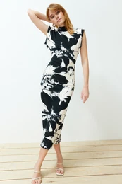 Multi-Colored Floral Stand Collar Padded Bodycone/Body-Fitting Knitted Maxi Pencil Dress