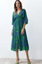 Blue Floral Print A-line Double-breasted Collar Midi Woven Dress