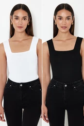 Black-Ecru Basic Double Package Top Knitted Thin Blouse