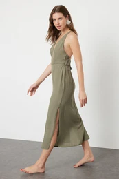 Khaki Midi Woven Backless Beach Dress