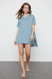 Blue Wide Fit Mini Woven Embroidered Muslin Beach Dress