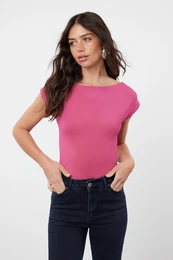 Pink Fitted Boat Neck Stretchy Snap Fastener Knitted Bodysuit