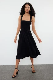 Black A-line Strap Stitching Detail Vicone Midi Woven Dress