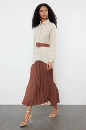 Brown Color Block Woven Shirt Dress