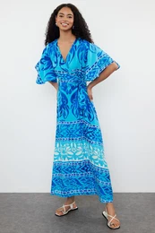 Blue Ethnic Belted Patterned A-Line Double Breasted Collar Woven Dress