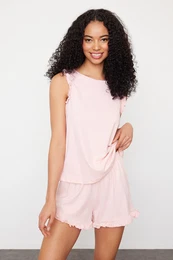 Pink 100% Cotton Frilled Shorts Knitted Pajama Set