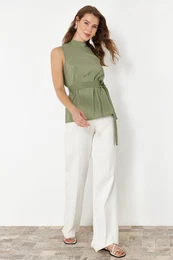 Khaki Belted Crew Neck Sleeveless Woven Blouse