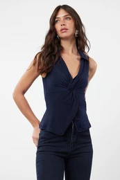 Navy Blue Fitted/Body Fitted Polo Neck Flexible Knitted Blouse