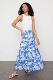 Navy Blue Patterned Flared Maxi Length Woven Skirt