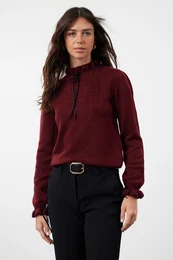 Claret Red Soft Texture Openwork/Hole Ribbon/Bow Detailed Knitwear Sweater