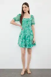 Green Patterned Waist Opening Mini Lined Chiffon Woven Dress