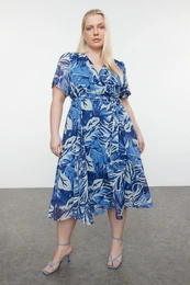 Curve Blue Tropical Leaf Patterned Chiffon Double Breasted Woven Dress