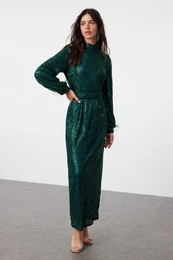 Emerald Green Otrish Detailed Sequined Evening Dress