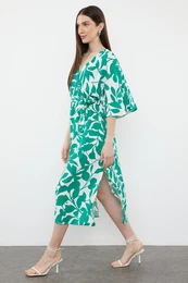 Green Belted Floral Patterned A-Line Double Breasted Collar Midi Woven Dress