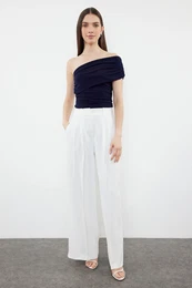 Navy Blue One Shoulder Detailed Detailed Stretchy Knitted Blouse