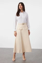Beige Gabardine Pocket Detailed Woven Skirt