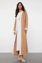 Camel Color Blocked Long Woven Dressless One Piece Cap & Abaya & Abaya
