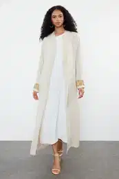 Beige Stone Embroidery Accessory Detailed Woven Cap & Abaya