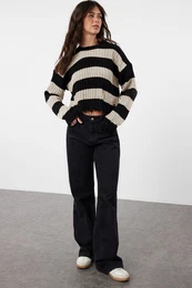 Black Crop Wide Fit Striped Knitwear Sweater