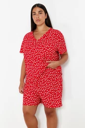 Curve Red Flower Patterned V-Neck Knitted Pajama Set