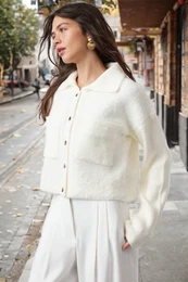 Bone Boucle Polo Neck Coat Look Knitwear Cardigan