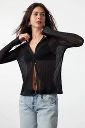 Black Premium Yarn/Special Yarn Transparent Look Knitwear Cardigan