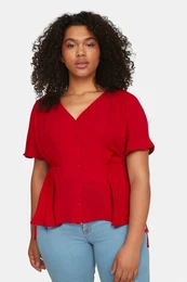 Curve Red Woven V-Neck Tie-Up Blouse