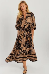 Women's Camel-Black Patterned Loose Maxi Dress GO166