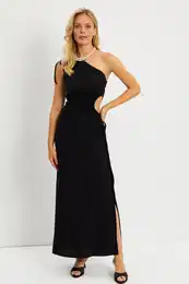 Women's Black Single Shoulder Wrap Midi Dress